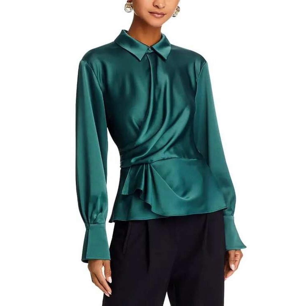 SIMKHAI‎ Valya Wrap-effect Satin blouse Green Long Sleeve Collared Top 8 #22